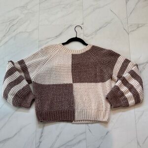 Altar'd State Cream and Taupe Blocked Waffle-Knit Crew Sweater